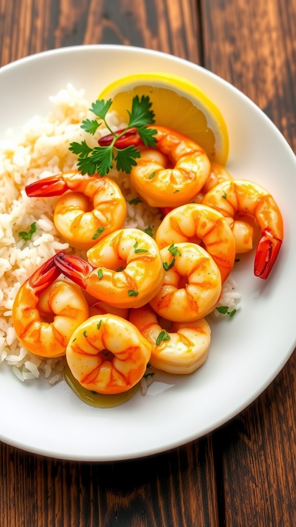 Plate of garlic butter shrimp garnished with parsley, served with rice and lemon on a rustic table.